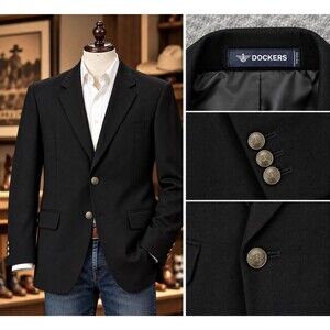 Dockers Men’s Blazer 42L Black Wool Blend 2 Button Sport Coat Long Jacket